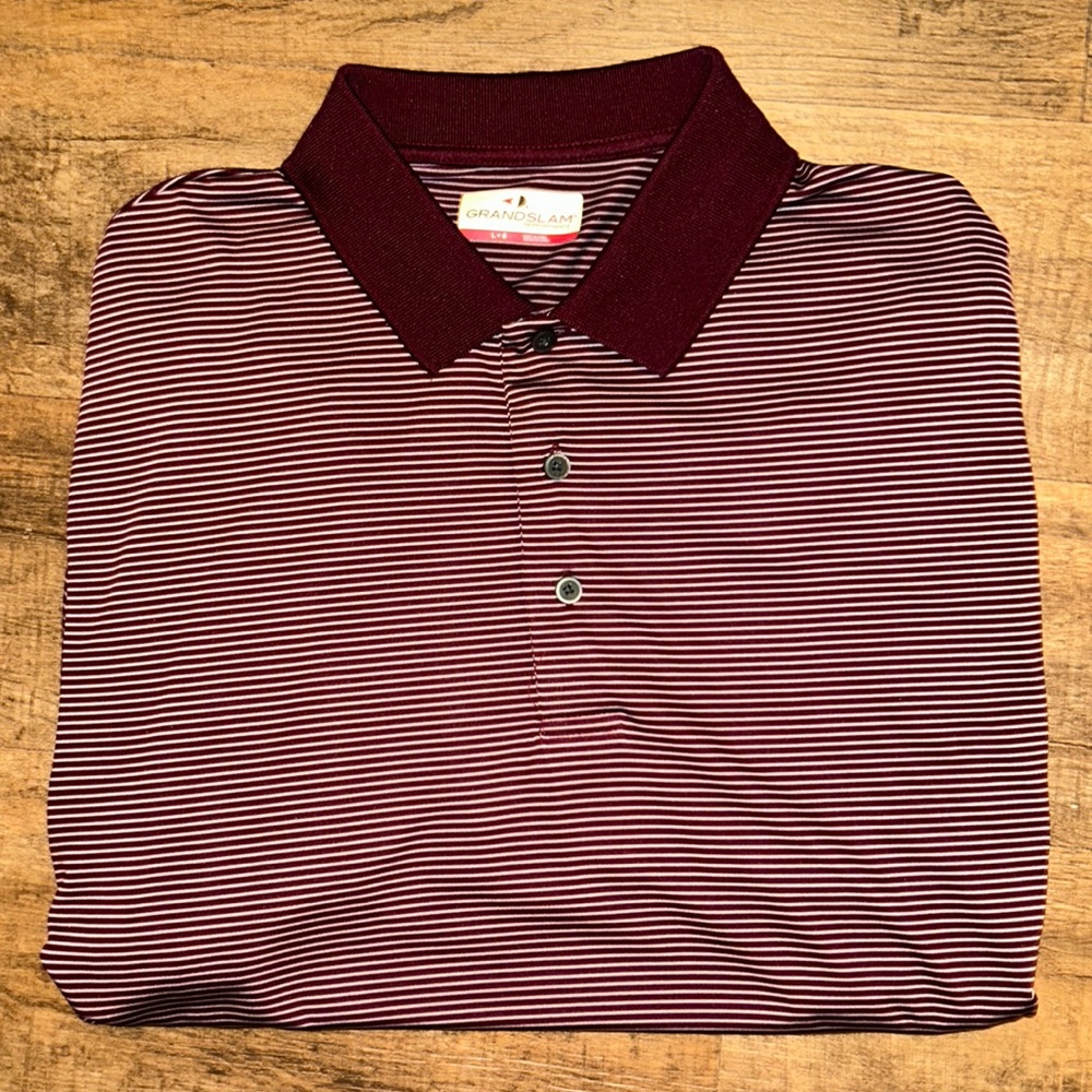 Maroon and grey striped GrandSlam golf polo